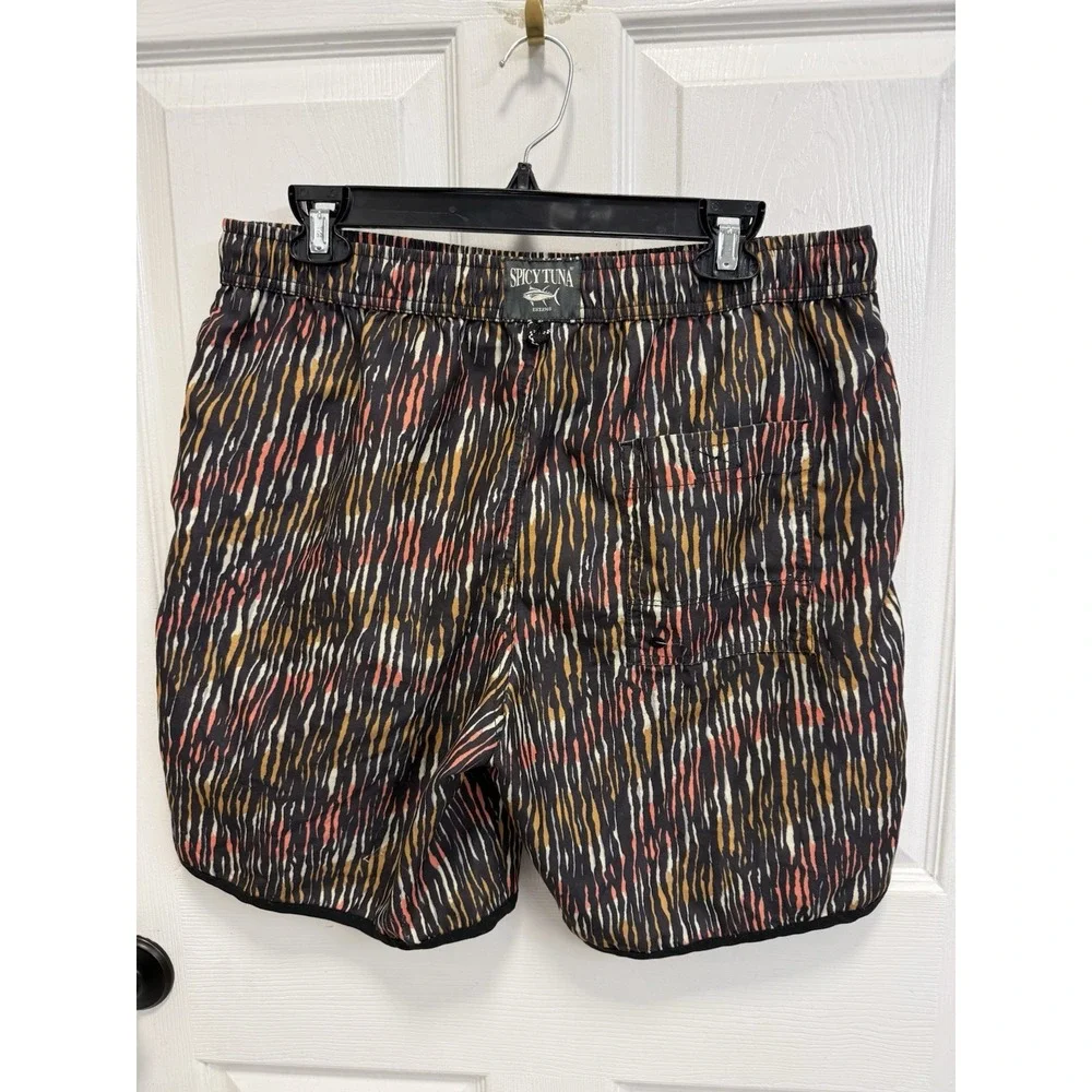 Men's Spicy Tuna Swim Trunks Boardshorts Large Black Striped Lined Pockets Beach
